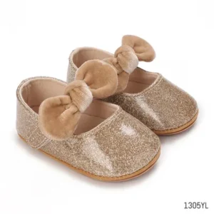 Girls Party Style Fancy Shoes with Velvet Bow - Yellow